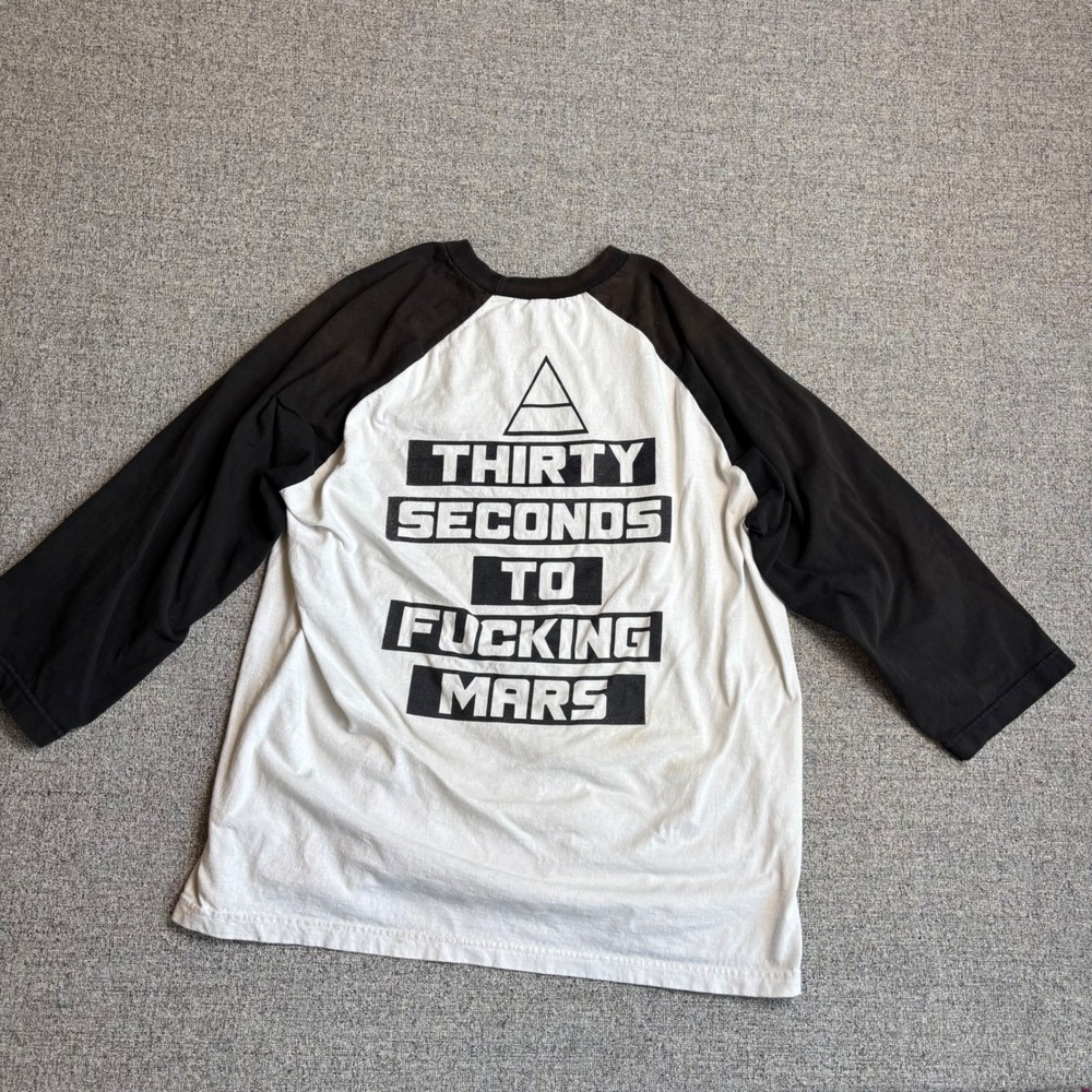 Thirty Seconds To Mars Band Shirt Raglan Baseball Tee Black White Distressed L
